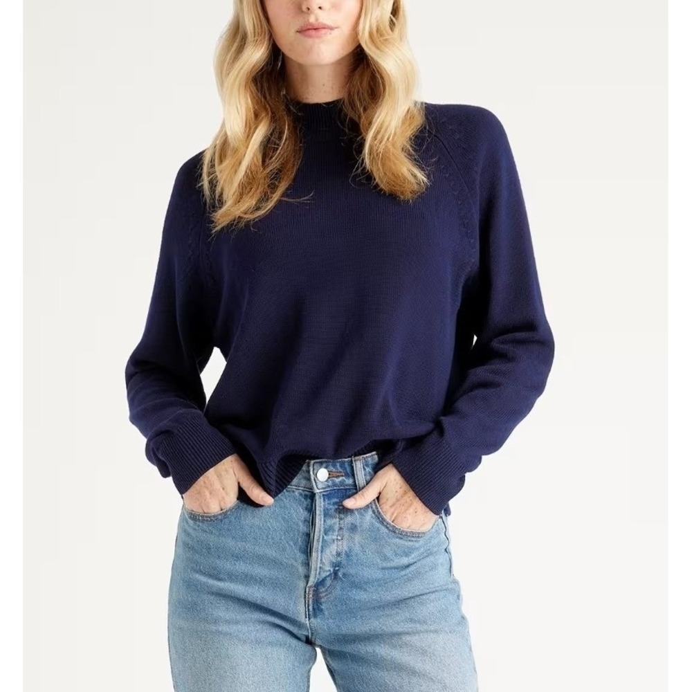 Quince Womens L NWOT Organic Cotton Mock Neck Sweater Minimal Quiet Lux Navy
